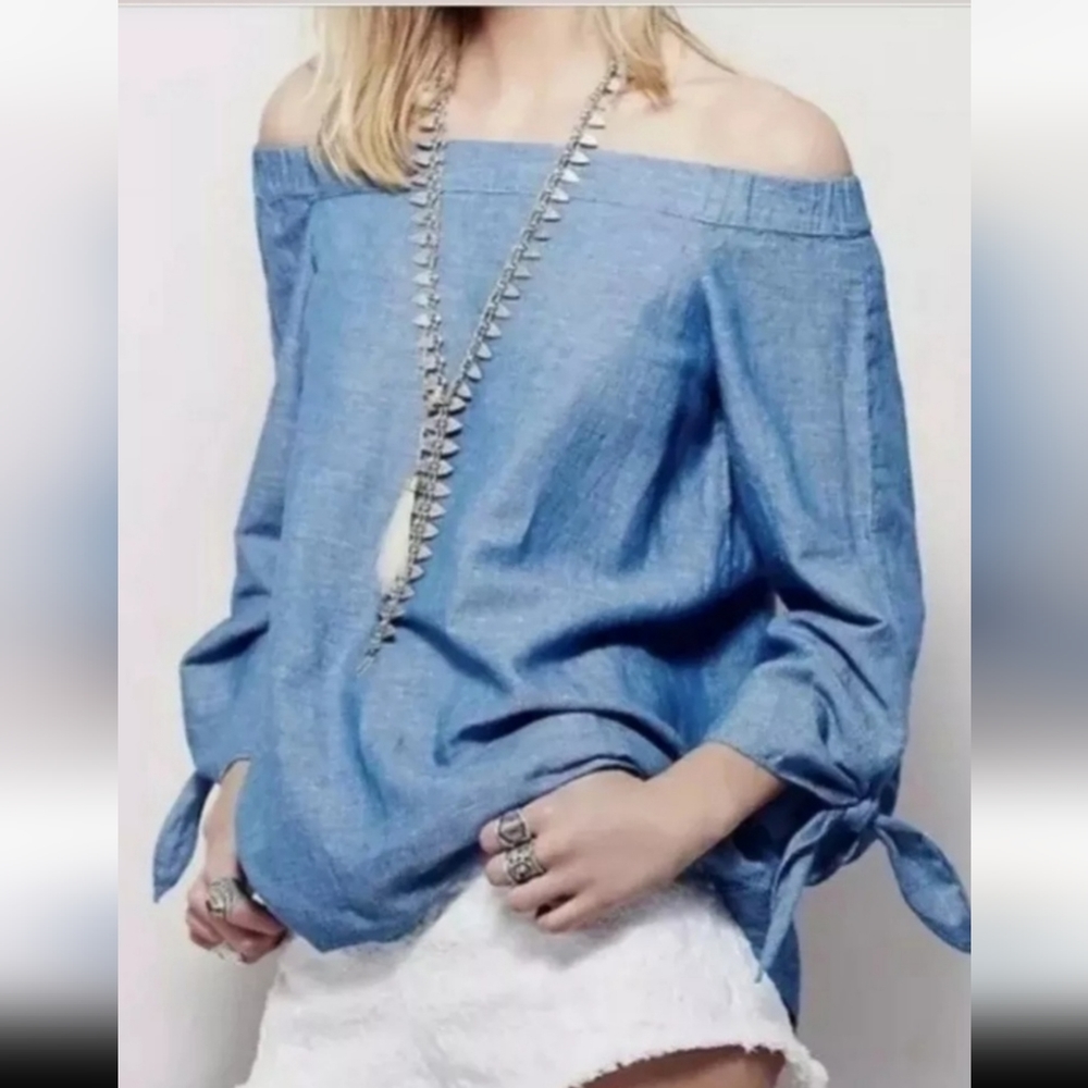 Free People Top S Off Shoulder Jean Denim 52%cotton 48%linen Long Sleeve - Picture 6 of 10